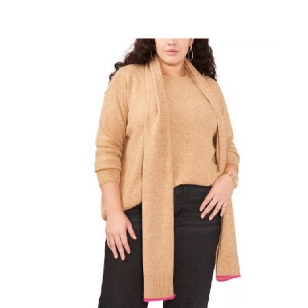 Vince Camuto Dolman Sleeve Center Facing Seam Crew Neck Sweater Latte Heather 3X